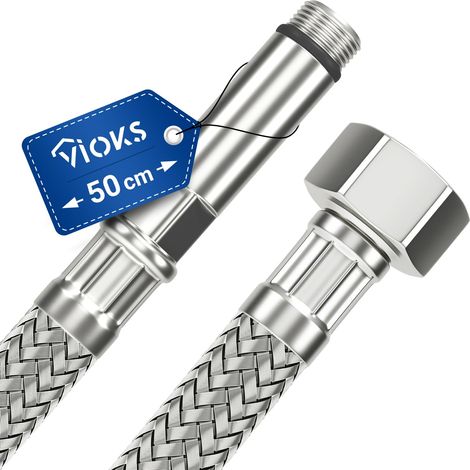 Tuyau blindé flexible de 50 cm avec écrou de raccordement 1/2" et filetage extérieur M10 - Tuyau d'eau potable - Tuyau flexible avec tresse en acier inoxydable (1/5)