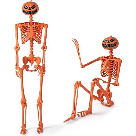 COSTWAY Scheletro di Halloween Arancione 158 CM, Scheletro a Grandezza Naturale con Testa di Zucca e Articolazioni Mobili per Decorazioni da Interno ed Esterno, Casa Infestata e Festa