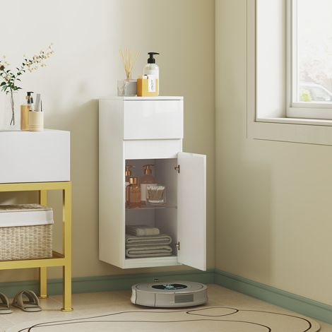 Meuble vasque suspendu blanc, tiroir intégré, porte laquée brillante et étagère vitrée réglable (1/5)