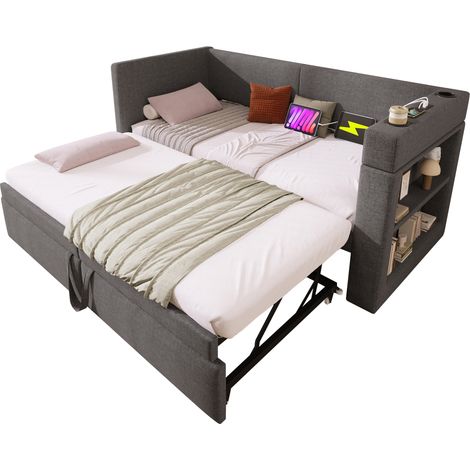 Lit de jour capitonné 90x200 cm, lit simple convertible avec lit gigogne, accoudoirs avec ports de charge USB et Type-C et porte-gobelets, tissu mélange lin-coton, gris, sans matelas. (1/5)