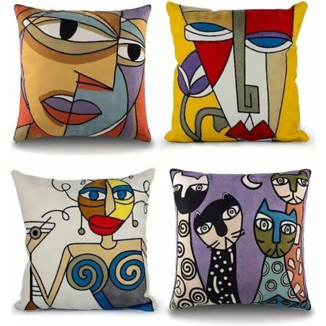 Lot de 4 Housse de Coussin Picasso 45x45 cm Coton Lin Brodé Housses Coussins Canapé Décoration Salon Scandinave Chambre Lit Fauteuil de Bureau Design Motif Visage Abstrait Vintage Colorée