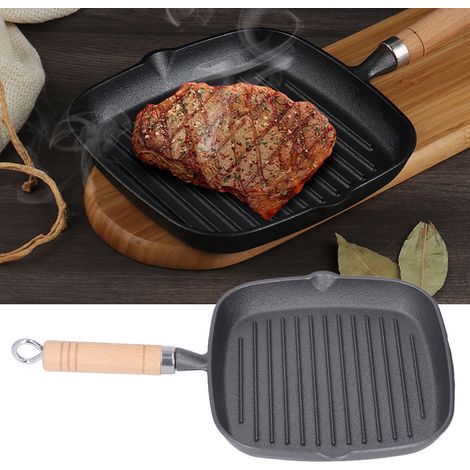 poêle à steak carrée antiadhésive avec manche en bois rayé en fonte, plaque de cuisson pour steak (1/5)