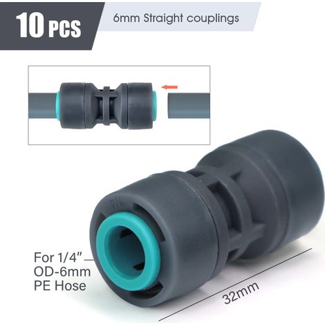 Raccord rapide droit Kx6mm pour tuyau d'arrosage PE 1/4", 3/8" 1/2" et diamètre extérieur 16 mm, 12 mm et 6 mm. (1/5)
