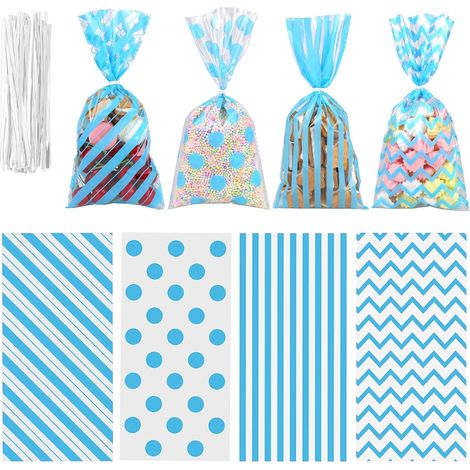Sacs en plastique transparents bleus, 120 pièces par paquet, 27,4 x 13 cm – sacs cadeaux, sacs à bonbons, sacs à bonbons en plastique, sacs cadeaux, corde torsadée, cadeaux de Saint-Valentin/anniversa (1/5)