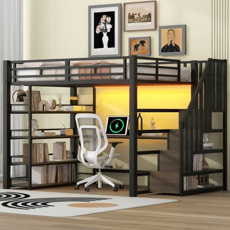 Modernluxe - Lit mezzanine en métal 140x200cm - Avec bureau et compartiments de rangement - Avec LED et port USB - MDF - Noir (sans matelas) (1/4)
