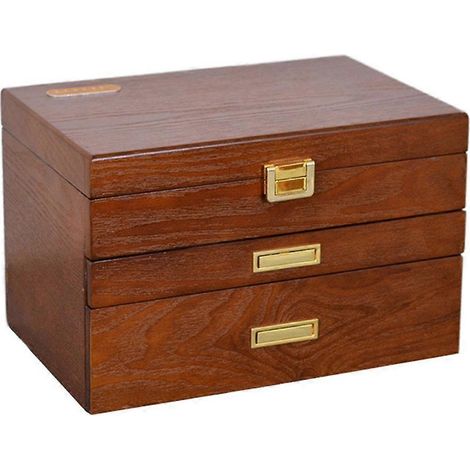 Boîte à bijoux rétro à 3 niveaux avec 2 tiroirs coulissants pour ranger bagues, colliers et bracelets. (1/5)