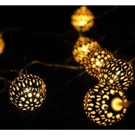Guirlande Lumineuse Marocaine, alimentée par Batterie, 20 Globes Lumineux en Métal Doré pour Décoration d'intérieur, fête de Mariage, Noël, Intérieur, Extérieur, Multifonction avec Minuterie, 3 Mètres