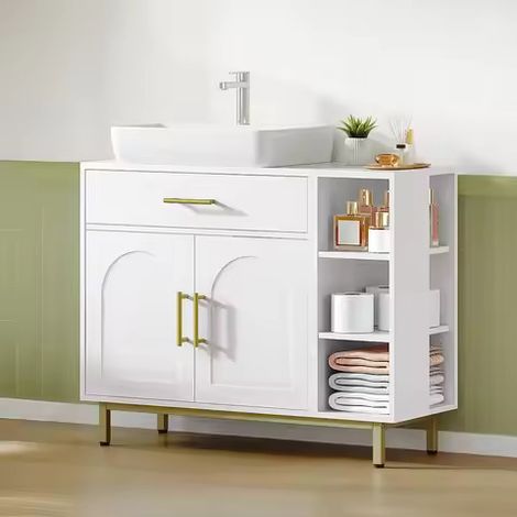 Meuble sous-vasque blanc – 1 tiroir, 2 portes de placard, compartiment ouvert à 3 niveaux avec étagère réglable, pour salle de bain (1/5)