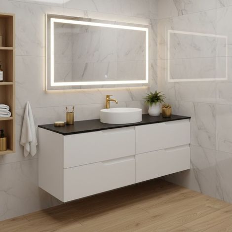 Meuble de salle de bain suspendu 160 cm, blanc et noir, plan de toilette, 4 tiroirs, façades en MDF, sans vasque – MODERN