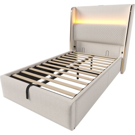 Lit hydraulique moderne avec tête de lit haute, lit simple 90x200cm avec éclairage LED, espace de rangement et ports USB/Type-C, aspect lin beige (avec matelas) (1/5)