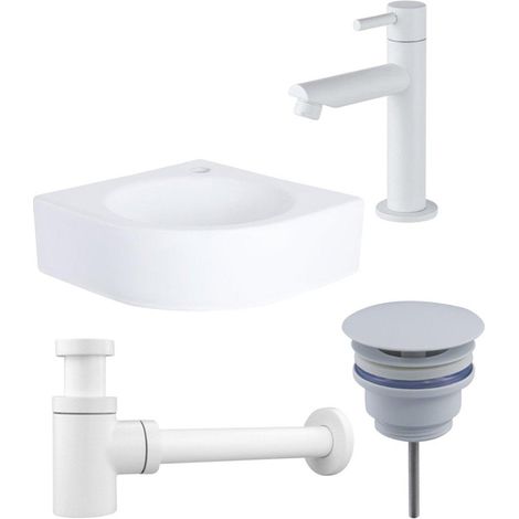 QeramiQ Fuente ensemble de lave-mains - 30x30x10cm - 1 trou de robinet - angle - céramique - robinet de lave-mains blanc mat - blanc brillant