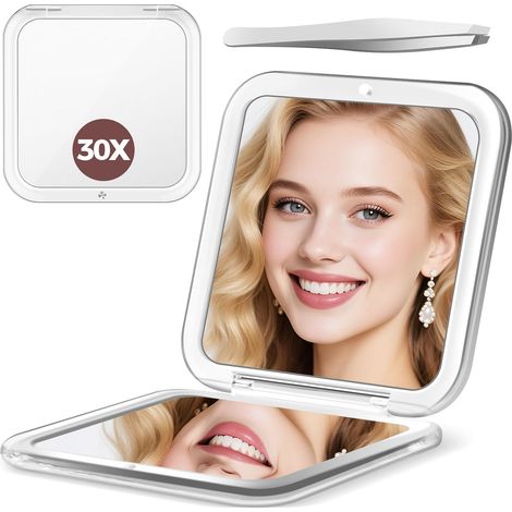 Miroir compact x30 pour sacs à main, petit miroir de maquillage avec grossissement 1x/30x, blanc (1/5)