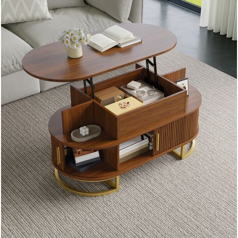 Table basse ovale relevable avec rangement, portes coulissantes, MDF noyer 100 x 50 x 64 cm REDOM (1/5)
