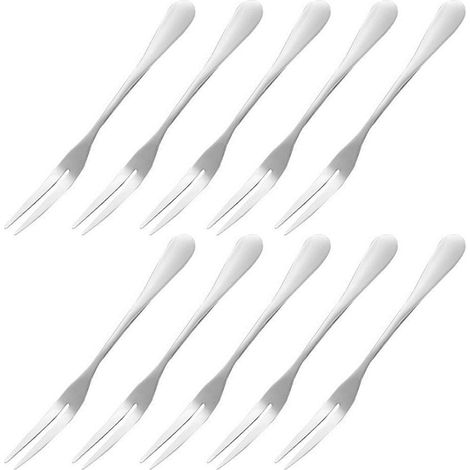 Petites fourchettes en acier inoxydable pour cocktails, amuse-gueules, desserts et fêtes (lot de 10), fourchettes à fruits à 2 dents pour usage domestique (1/4)