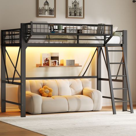Letto a castello 90x200 cm in metallo, con LED, cesto portaoggetti e sponda di sicurezza, nero (1/5)