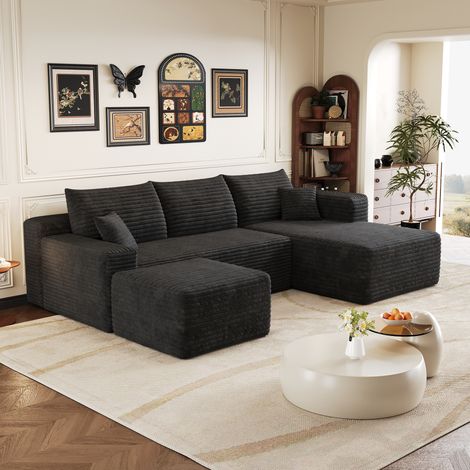 Canapé d'angle 241 cm, canapé L assise profonde, pouf inclus, sans montage, noir-méridienne gauche