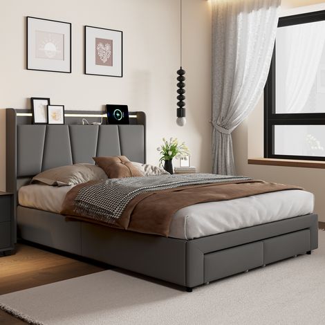 Polsterbett 140x190 cm mit Bettkasten, Doppelbett mit 2 Schubladen, 7-Farben-LED, USB-Ladestation und Stauraum-Kopfteil, Leinenstoff, Grau
