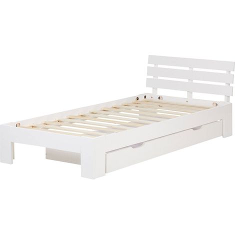 Letto singolo in legno di pino bianco 90x200 con rete a doghe e cassetto portaoggetti LIT06231