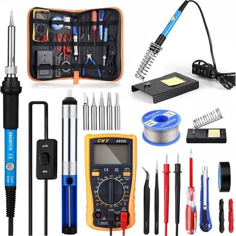 21in1 Fer à Souder Kit  60W Kit de Soudage Température Réglable avec Multimètre Numérique 200450℃ Électrique de Precision Fer a Souder 5 Pointe de Soudage,Pompe à Dessouder,Station de Soudage