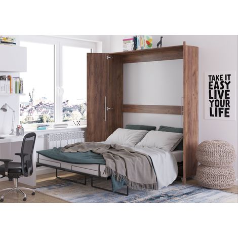 Bim Furniture – Lit escamotable 160x200cm vertical tabac artisanal – Meuble gain de place – Panneau stratifié 16mm – Hauteur 216cm – Largeur 175cm (1/5)