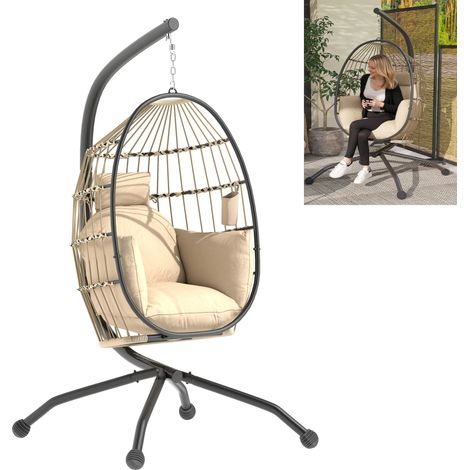 Fauteuil suspendu en forme d'œuf avec panier pliable, balancelle de terrasse, capacité de charge de 120 kg, chaise d'extérieur, fauteuil de lecture, chaise d'intérieur, idéal pour les jardins (beige)
