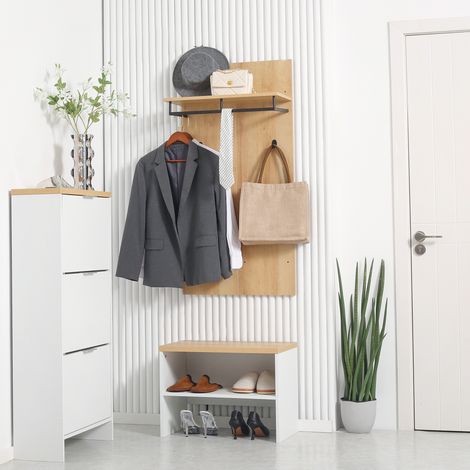 Porte-manteau d'entrée avec banc à chaussures, étagère à chaussures, meuble de couloir à 4 crochets, patère pour vestibule, blanc et naturel (1/5)