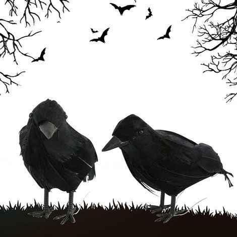 Décoration Corbeau Noir, 2 Pcs Corbeau d'halloween Décoration, Corbeaux Réalistes Halloween, Corbeau Prop Décorations, Horreur Déco d'halloween/Extérieur Prank Décoration De Fête (1/5)