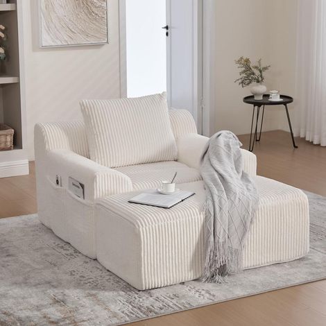 Übergroßer Cord-Sofa Sessel mit Hocker, Seitentaschen, Beige (1/5)