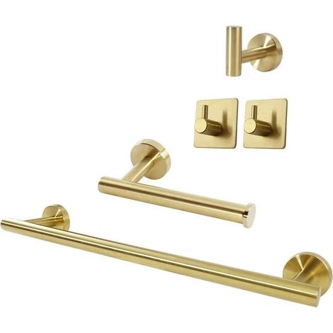 Set aus 5 Badezimmeraccessoires aus Edelstahl SUS304: Handtuchhalter, verlängerte Handtuchstange, Toilettenpapierhalter, 3 Bademantelhaken, Badezimmeraccessoires, Handtuchstange (gebürstetes Gold, 40, (1/5)