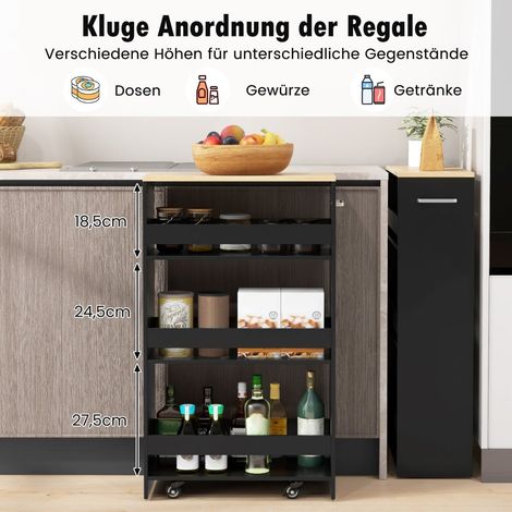 Carrello da cucina sottile, 4 ripiani, 20 cm di larghezza, nero, con ruote