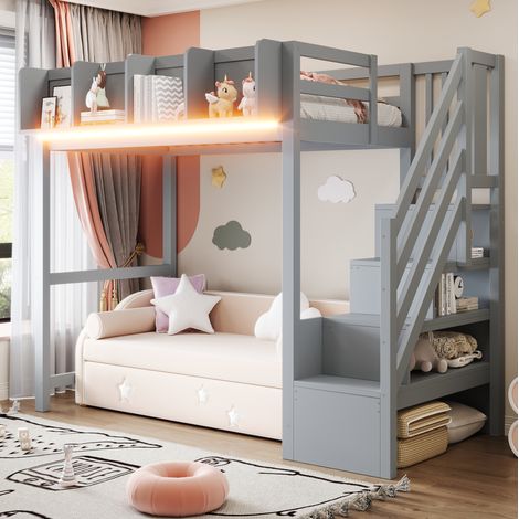 Cama alta 90 x 200 cm con barrera de seguridad, estantes integrados, escalera y luz LED, gris HAVRYA (1/5)