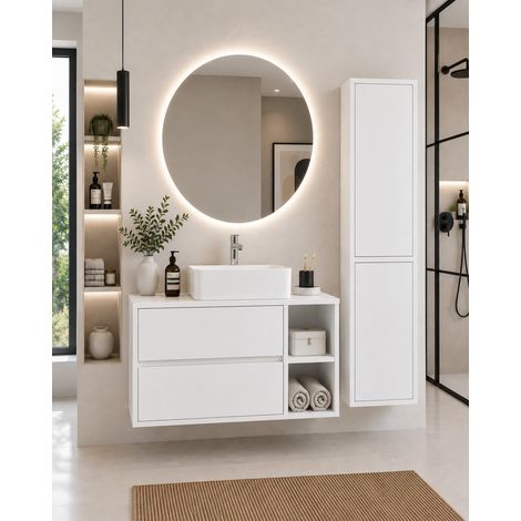 Meuble de salle de bain avec plan bois et vasque à poser ORIGENBATH ZEUS sans miroir 70x45 cm À droite blanc avec colonne