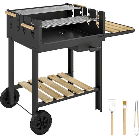 Chariot à charbon de bois avec grille réglable en hauteur sur 4 niveaux, 2 étagères en bois, 2 roulettes (1/5)