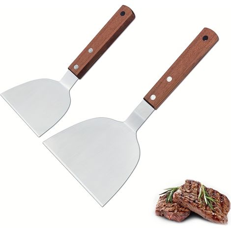 Spatule à griller en acier inoxydable 2 pièces avec manche en bois, outil de barbecue extérieur, spatule à griller pour steak (1/5)
