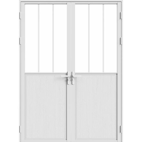 Vente-Unique – Bloc porte double battant en aluminium et verre trempé – H204 x L83 cm – Poussant droit/gauche – Style atelier – Blanc (1/5)