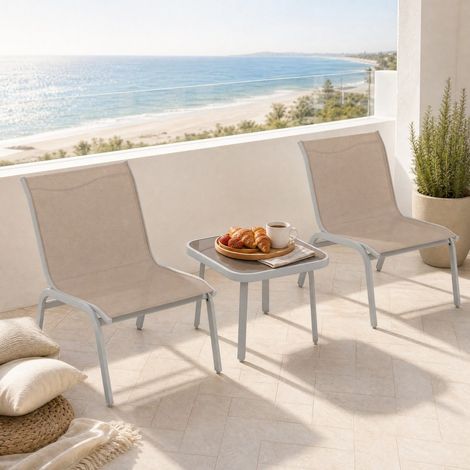Salon de jardin beige 3 pièces en acier avec 2 chaises en tissu respirant et table à plateau en verre trempé pour balcon terrasse (1/5)