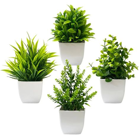 Lot de 4 mini plantes artificielles en pot, petites plantes artificielles avec pots pour la décoration de la maison, du bureau, d'une étagère ou de la salle de bain, style champêtre (1/5)