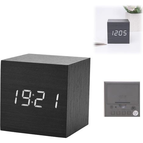 Holzwecker, 6 x 6 x 6 cm digitaler Holzwecker, batteriebetrieben, Zeit- und Temperaturanzeige, moderner Holzwecker, geeignet für Nachttische und Schreibtische (schwarzes Holz + weißes Licht).