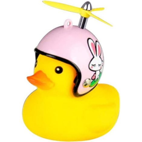 Ensemble de klaxon de vélo et décoration en forme de canard mignon - Klaxon de canard couineur jaune avec casque à hélice, sonnett,s (1/3)