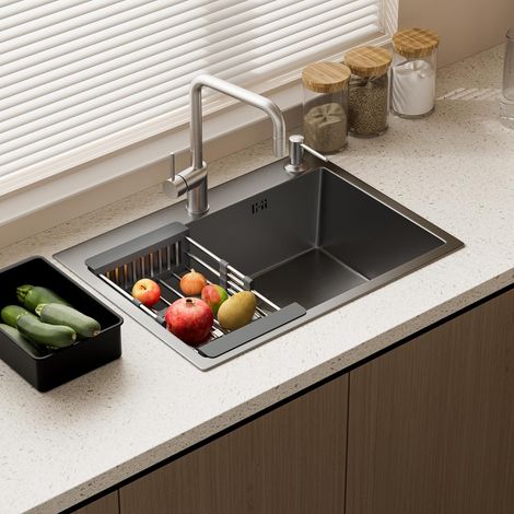 STANEW Fregadero Cocina un Seno 68x45cm, Acero Inoxidable, Instalación Superior o Inferior, Escurridor Telescópico, Dosificador de Jabón, Filtro Desagüe(Gris Metalizado) (1/5)