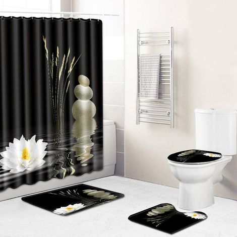 Ensemble de rideaux de douche zen, 4 pièces, lotus noir et blanc, imperméables, 180x180 cm. (1/4)