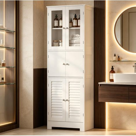 Armoire de salle de bain 6 portes, 2 vitrées et 2 coulissantes, MDF blanc, 60 x 30 x 170,5 cm (1/5)