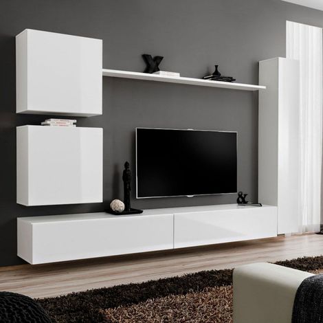 Meuble TV Mural Design "Switch VIII" 280cm Blanc (1/5)
