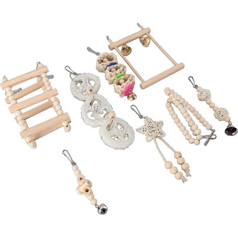 Ensemble de 8 jouets à mâcher pour perroquets : clochette suspendue, échelle à grimper, bois à déchiqueter. (1/3)