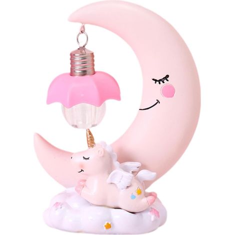 Veilleuse Licorne Lune Ornement LED en Résine Figurine Licorne pour Décoration Lampe de Chevet Originale Centre de Table Créatif Adaptée pour Bureau C, Rose (1/5)