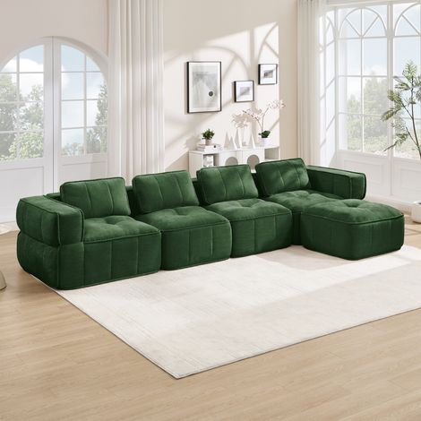 Sofá modular 344x162x67 cm, con otomana, diseño sin marco, asiento profundo, poliéster verde (1/5)