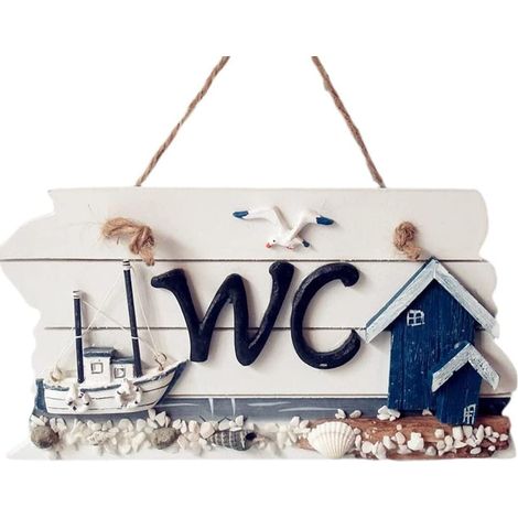 Plaque de porte décorative en bois sculpté à la main, panneau WC de style méditerranéen (21,7 x 21 cm) (1/4)