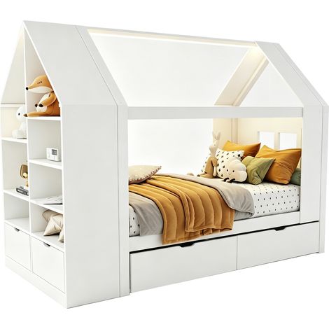 CHICFURN Lit enfant 90x200 cm maison avec LED, 2 tiroirs, rangements ouverts et coffre latéral, bois et MDF blanc, lit junior gain de place pour chambre (1/5)