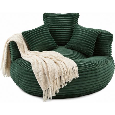 Poltrona pouf in velluto a coste verde scuro con schienale alto e 3 cuscini (1/5)