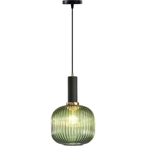 Suspension Moderne en Verre Strié Vert 20cm - Luminaire Suspendu E27 pour Cuisine, Salle à Manger, Chambre (1/5)